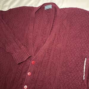 Vintage Kenneth Roberts Cardigan Sweater Mens Sz L Red Vneck Textured 3D Grandpa